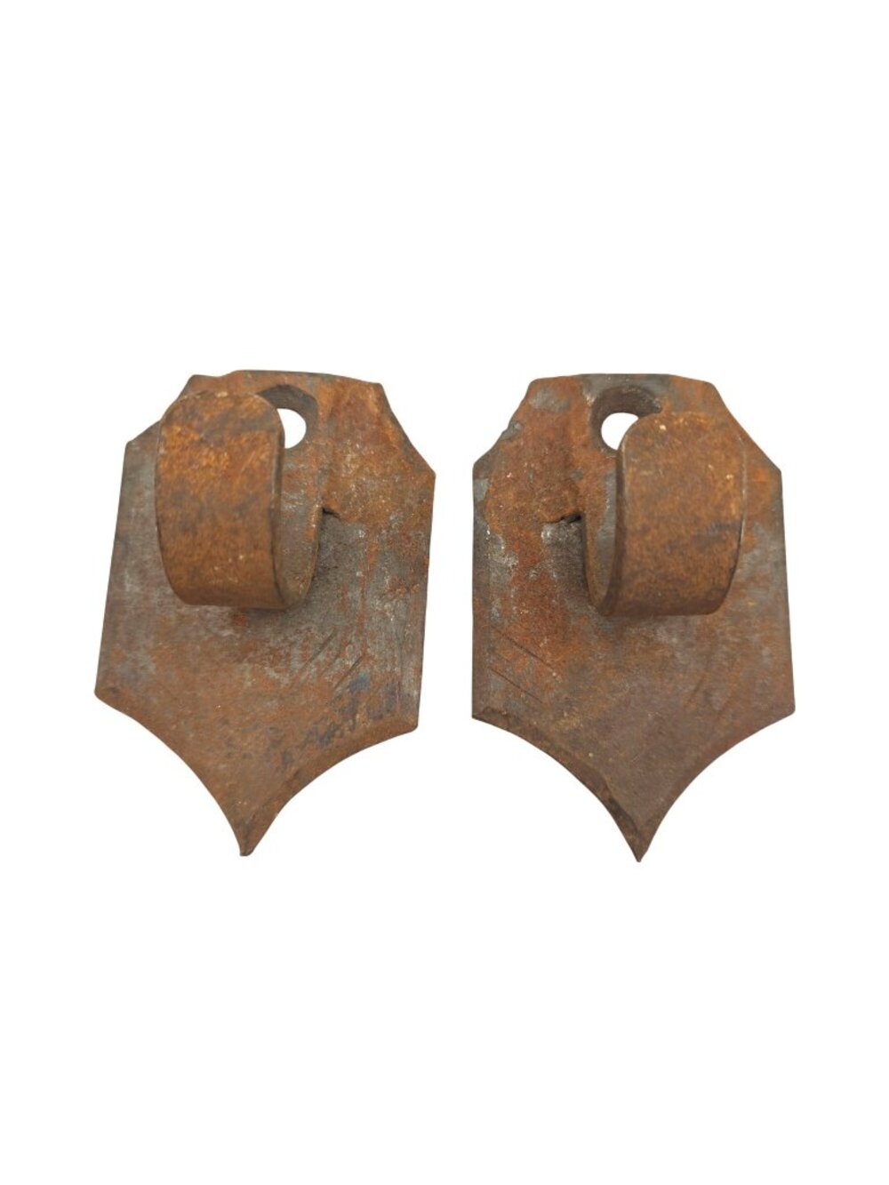 Antique Hand Forged Rustic Iron Metal Wall Hook Pair Shield Design Punched Holes
